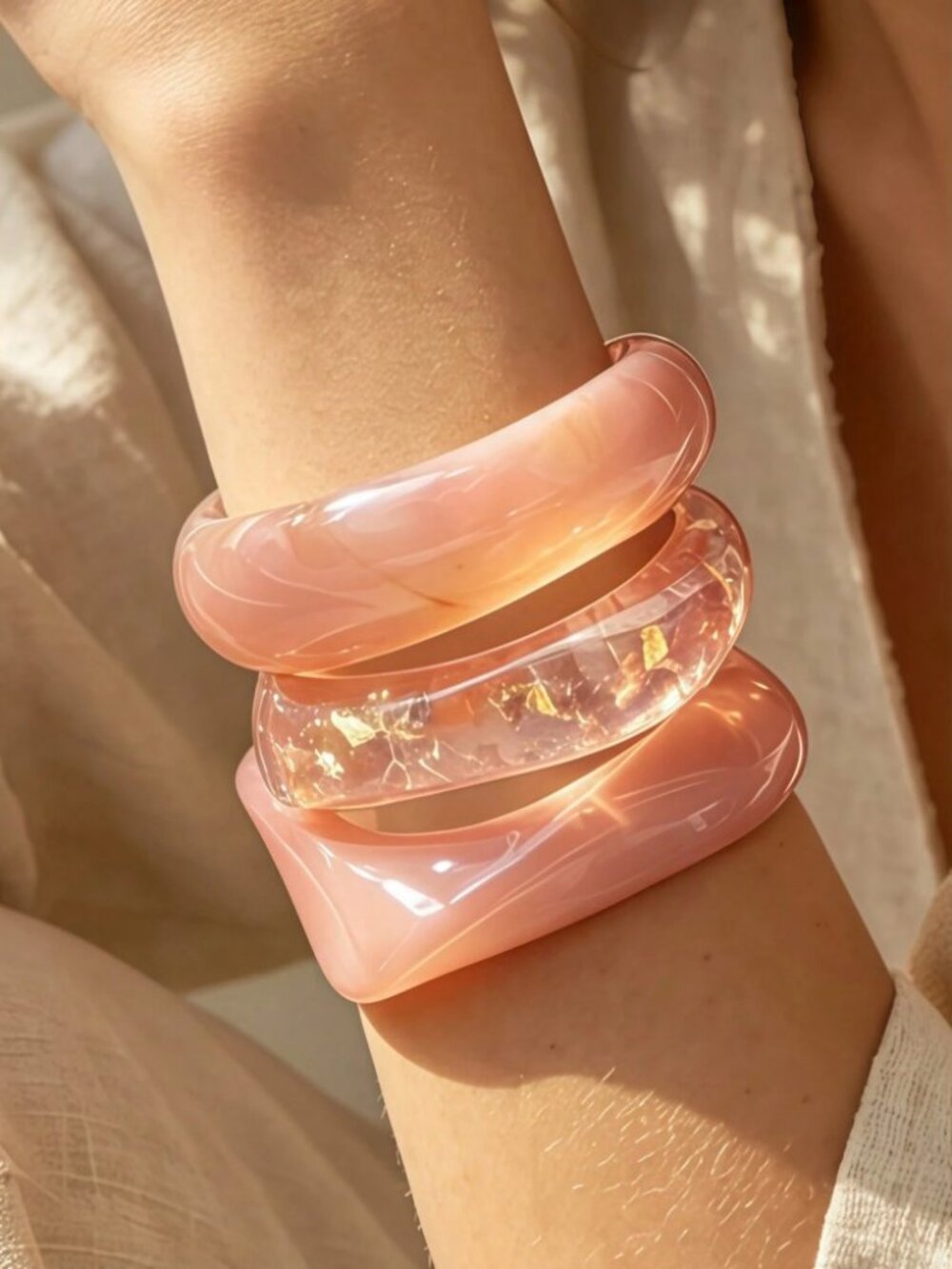 Pink Marbled Resin Bangle Set with Gold Foil Accent Bracelet